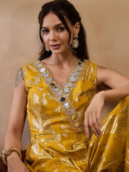 Yellow Overlap Neck Mirror Work Jumpsuit
