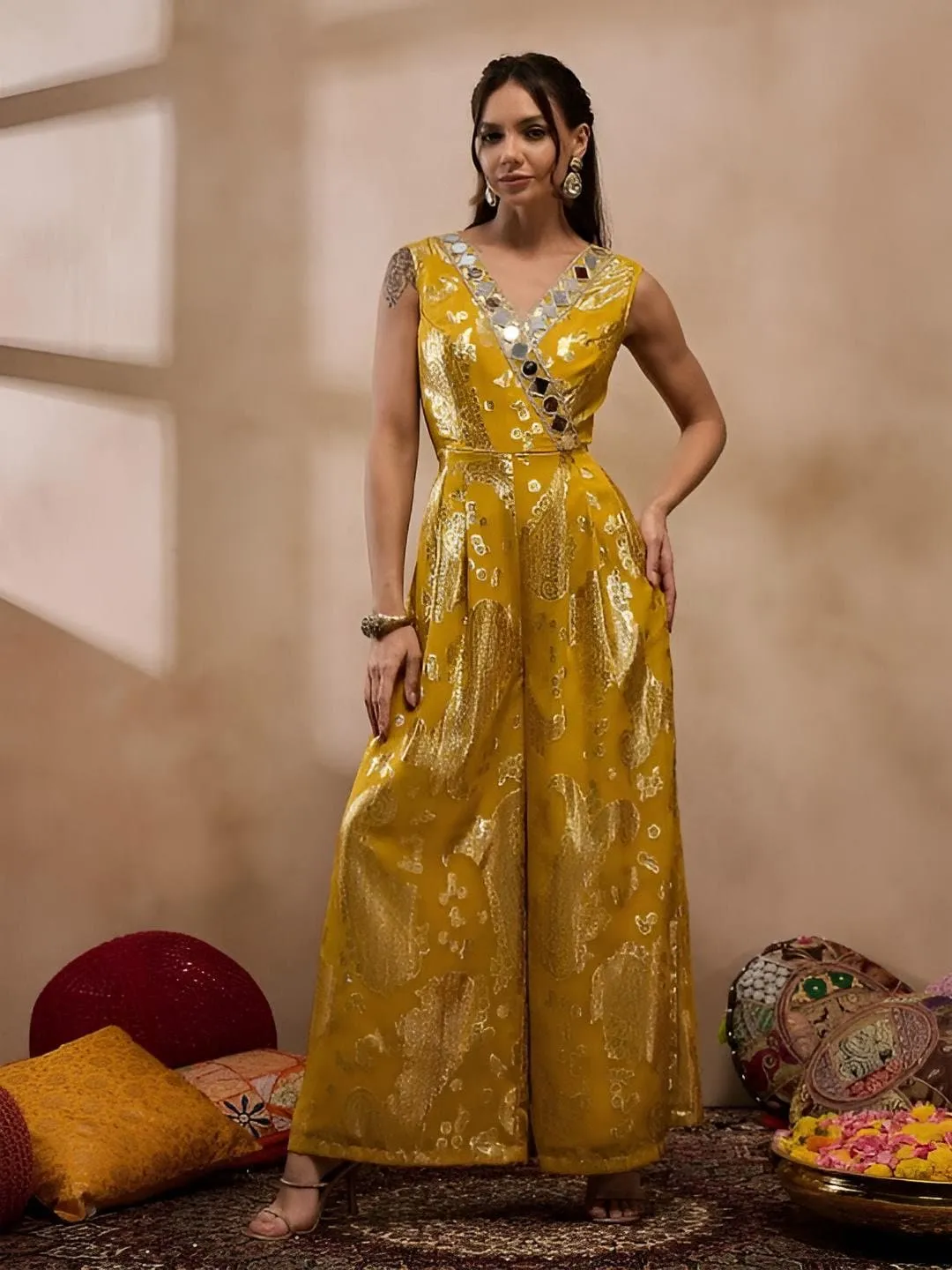 Yellow Overlap Neck Mirror Work Jumpsuit