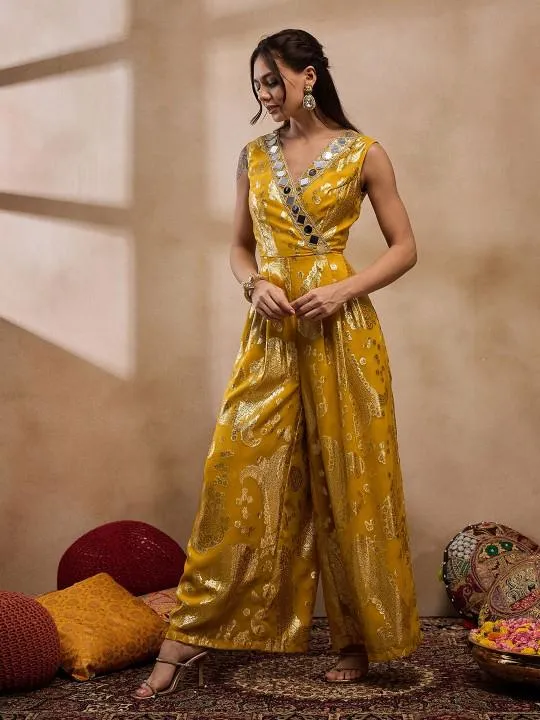 Yellow Overlap Neck Mirror Work Jumpsuit
