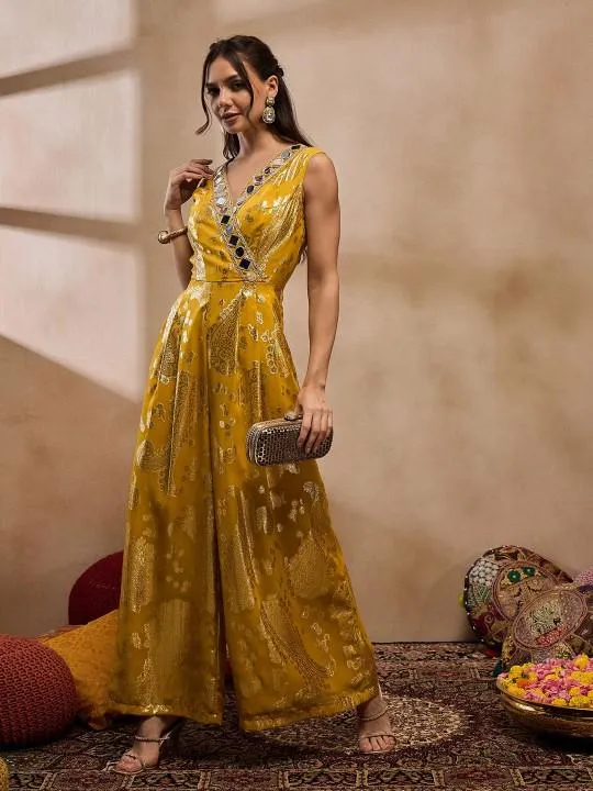 Yellow Overlap Neck Mirror Work Jumpsuit